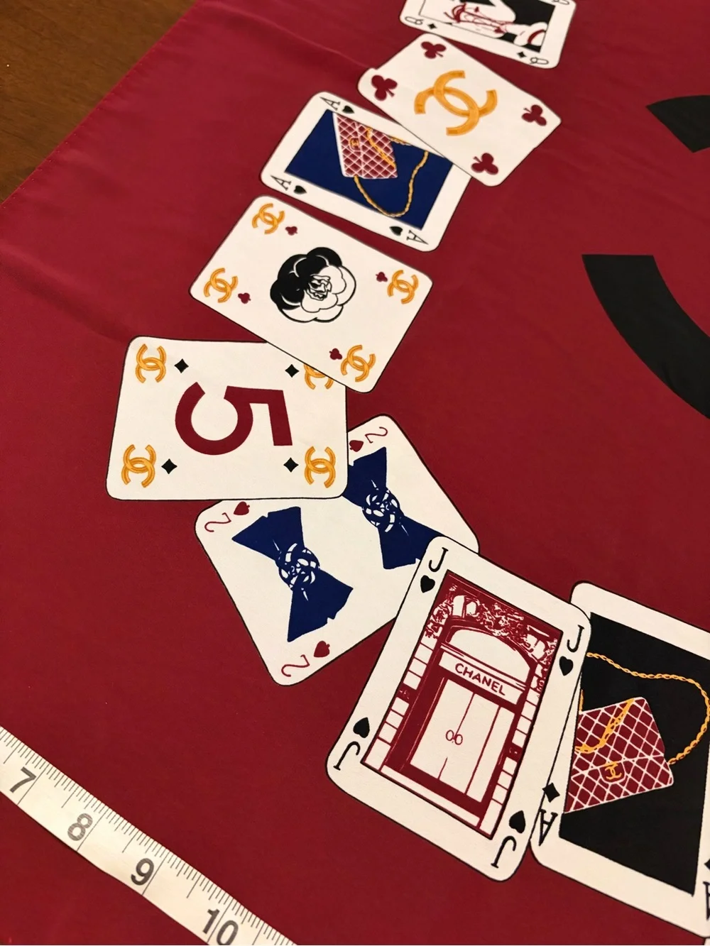 Vintage Chanel Playing Card Poker Themed Burgundy Black Silk Scarf